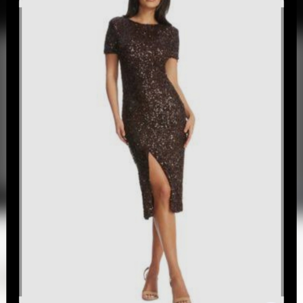 Dress the Population Brown Sequin Short Sleeve Midi Dress with Front Slit